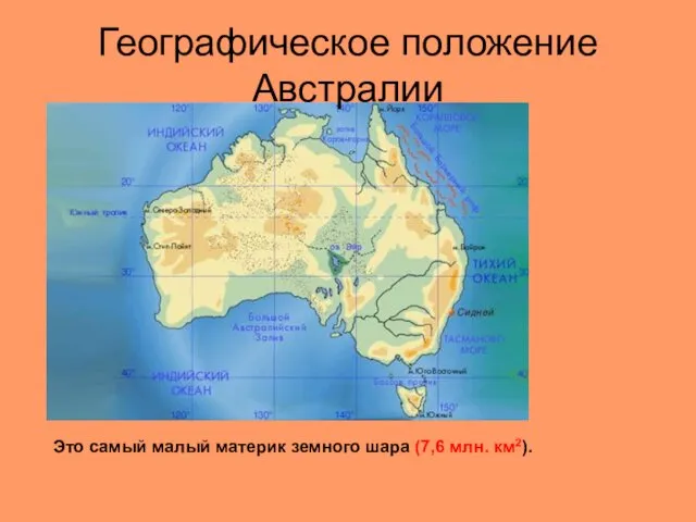 Географическое положение Австралии Это самый малый материк земного шара (7,6 млн. км2).