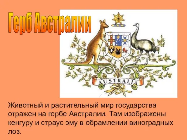 Герб Австралии Животный и растительный мир государства отражен на гербе Австралии. Там изображены