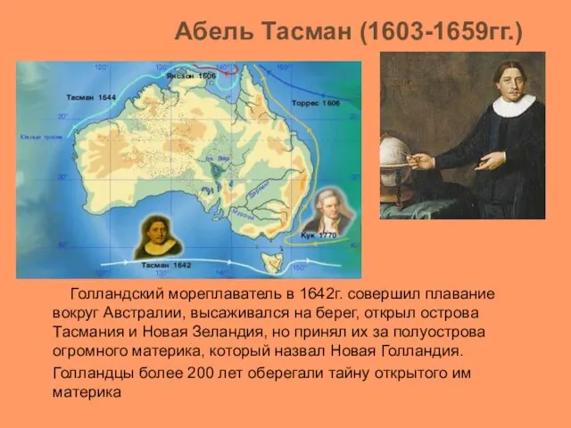 Абель Тасман (1603-1659гг.) Голландский мореплаватель в 1642г. совершил плавание вокруг Австралии, высаживался на