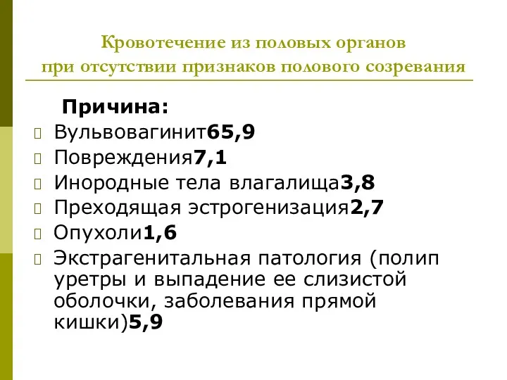 Кровотечение из половых органов при отсутствии признаков полового созревания Причина: