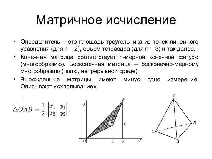 Матричное исчисление Определитель – это площадь треугольника из точек линейного
