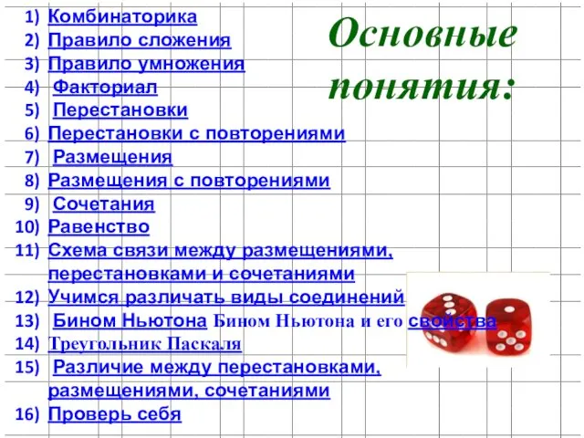 Основные понятия: Комбинаторика Правило сложения Правило умножения Факториал Перестановки Перестановки