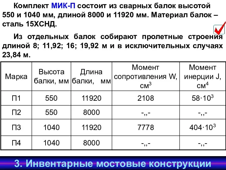 Комплект МИК-П состоит из сварных балок высотой 550 и 1040