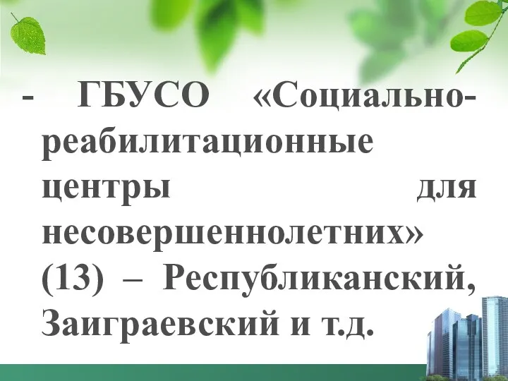 - ГБУСО «Социально-реабилитационные центры для несовершеннолетних» (13) – Республиканский, Заиграевский и т.д.