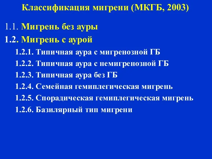 Амелин А.В. 2004 Классификация мигрени (МКГБ, 2003) 1.1. Мигрень без