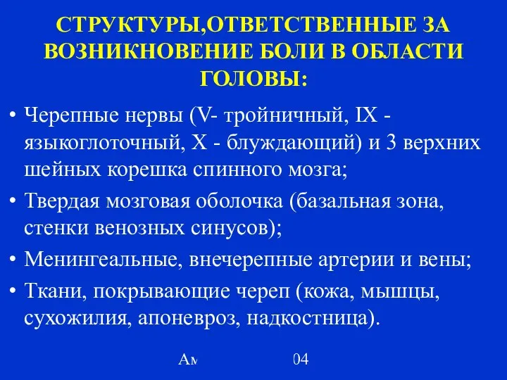 Амелин А.В. 2004 СТРУКТУРЫ,ОТВЕТСТВЕННЫЕ ЗА ВОЗНИКНОВЕНИЕ БОЛИ В ОБЛАСТИ ГОЛОВЫ: