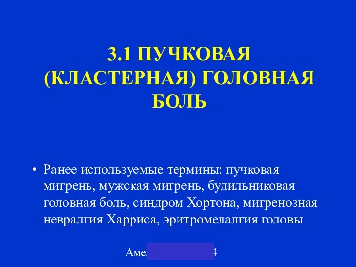 Амелин А.В. 2004 3.1 ПУЧКОВАЯ (КЛАСТЕРНАЯ) ГОЛОВНАЯ БОЛЬ Ранее используемые