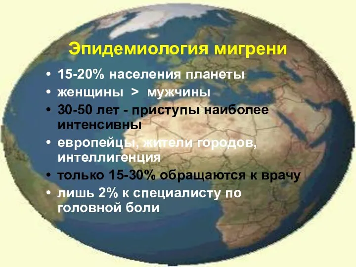 Амелин А.В. 2004 Эпидемиология мигрени 15-20% населения планеты женщины >