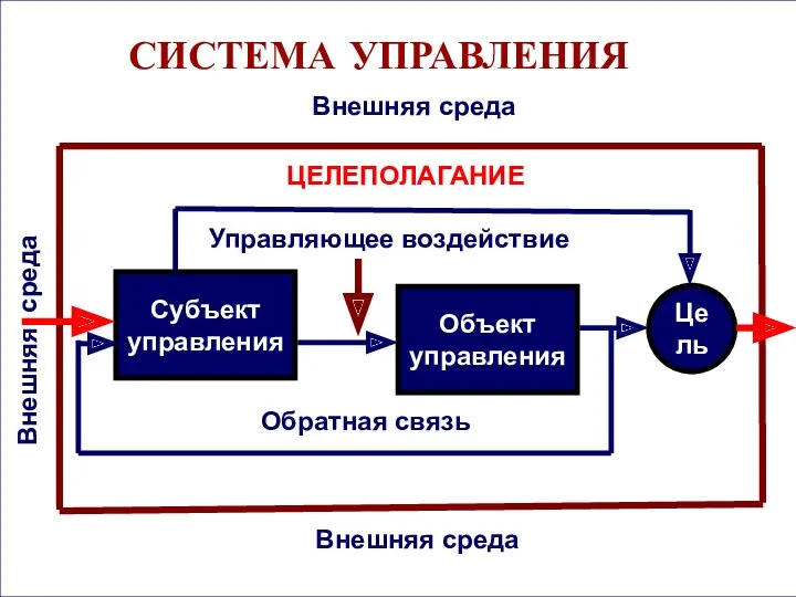 СИСТЕМА УПРАВЛЕНИЯ Субъект управления Объект управления Управляющее воздействие Цель Обратная