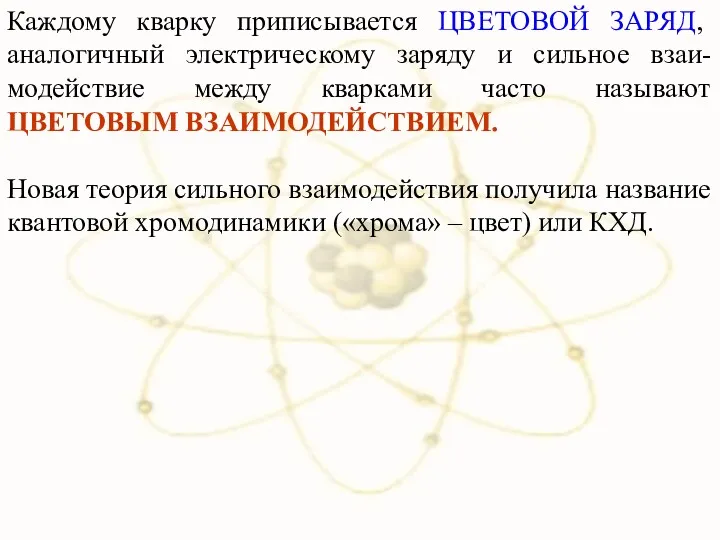 Каждому кварку приписывается ЦВЕТОВОЙ ЗАРЯД, аналогичный электрическому заряду и сильное