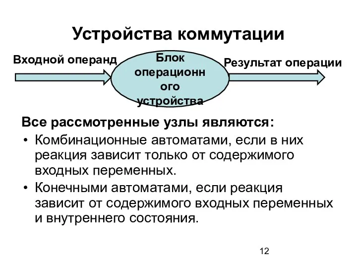 Устройства коммутации Все рассмотренные узлы являются: Комбинационные автоматами, если в