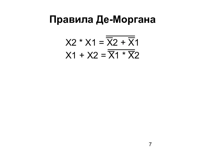 Правила Де-Моргана X2 * X1 = X2 + X1 X1 + X2 = X1 * X2