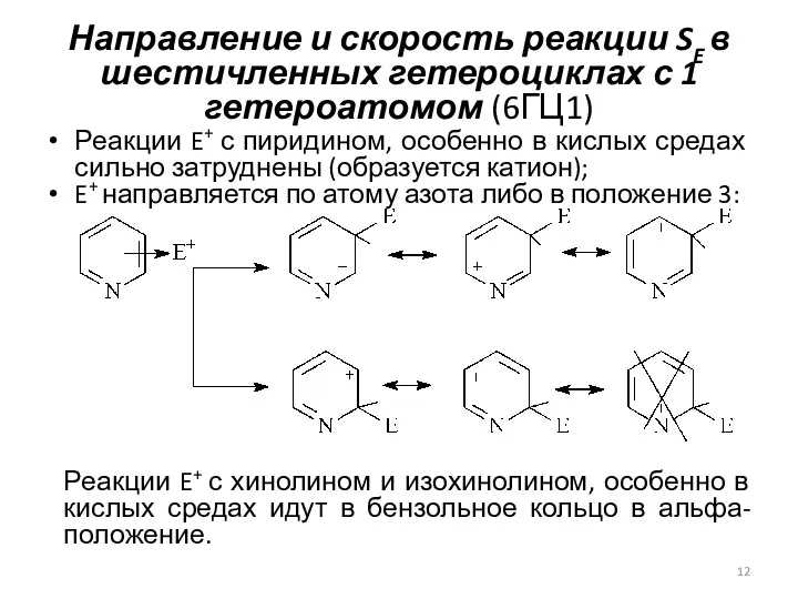 Направление и скорость реакции SE в шестичленных гетероциклах с 1