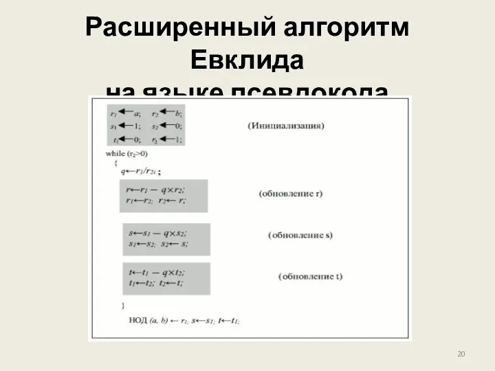 Расширенный алгоритм Евклида на языке псевдокода