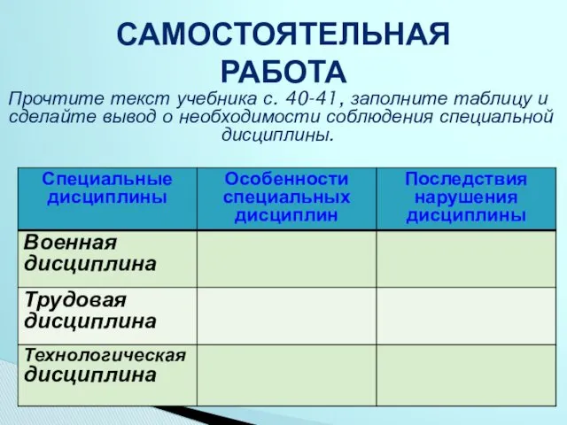 САМОСТОЯТЕЛЬНАЯ РАБОТА Прочтите текст учебника с. 40-41, заполните таблицу и