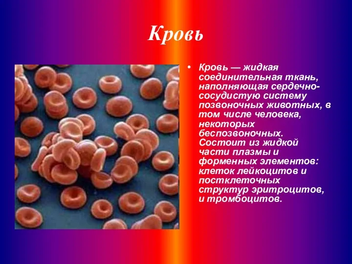 Кровь Кровь — жидкая соединительная ткань, наполняющая сердечно-сосудистую систему позвоночных