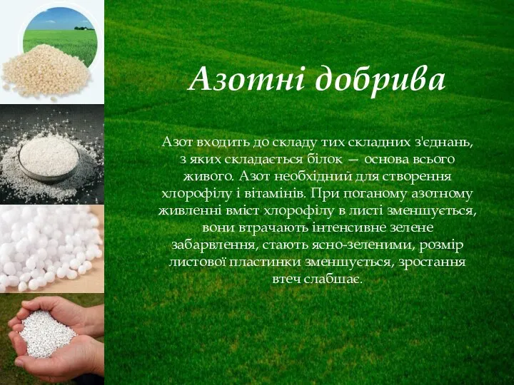 Азотні добрива Азот входить до складу тих складних з'єднань, з