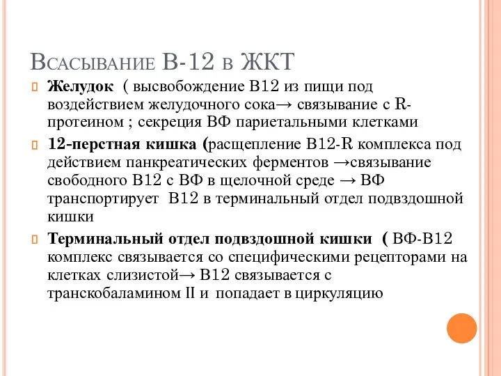 Всасывание В-12 в ЖКТ Желудок ( высвобождение В12 из пищи под воздействием желудочного