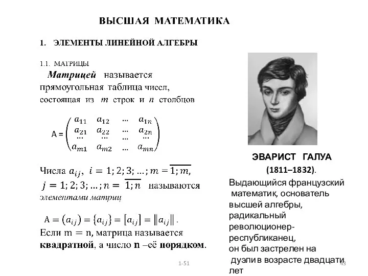 1-51 ЭВАРИСТ ГАЛУА (1811–1832). Выдающийся французский математик, основатель высшей алгебры,