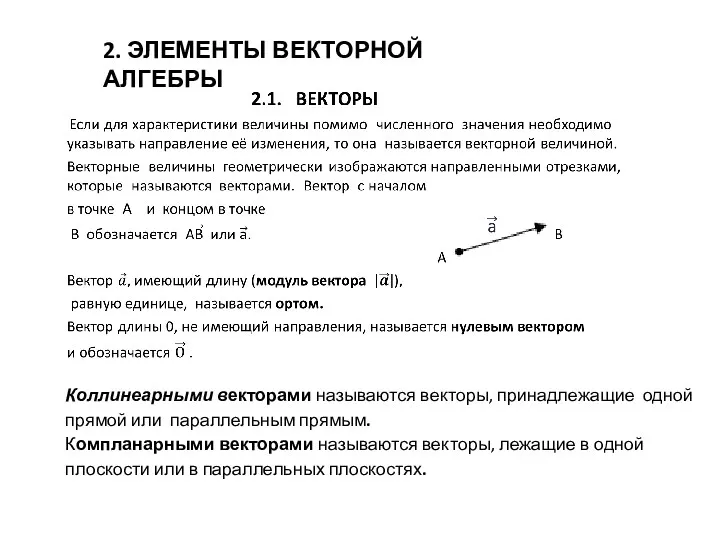 Коллинеарными векторами называются векторы, принадлежащие одной прямой или параллельным прямым.