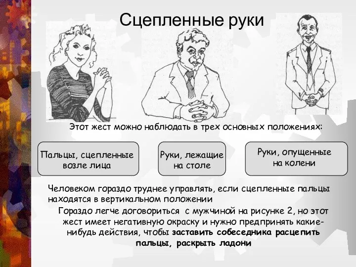 Сцепленные руки Этот жест можно наблюдать в трех основных положениях: