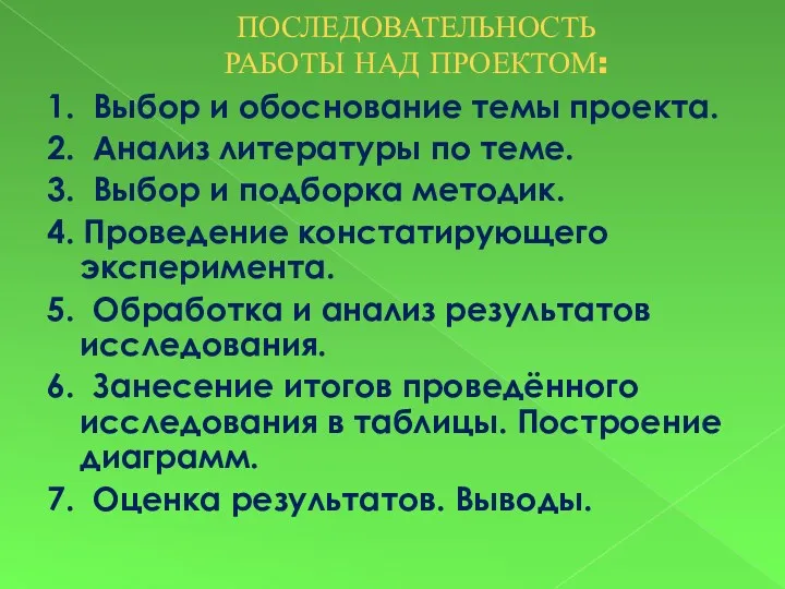 ПОСЛЕДОВАТЕЛЬНОСТЬ РАБОТЫ НАД ПРОЕКТОМ: 1. Выбор и обоснование темы проекта.