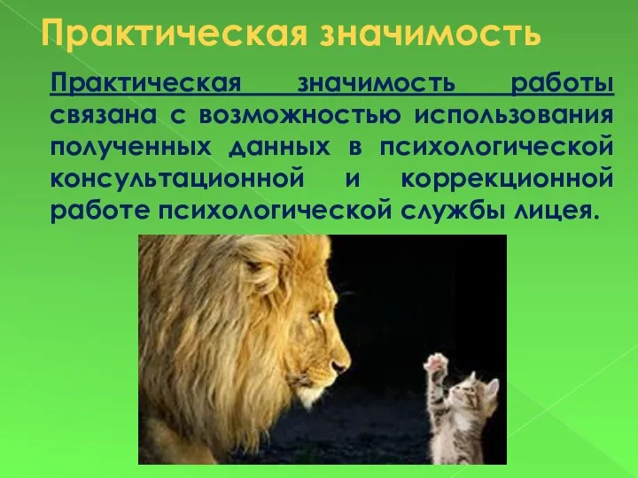 Практическая значимость Практическая значимость работы связана с возможностью использования полученных