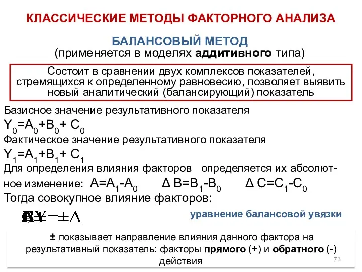 Базисное значение результативного показателя Y0=А0+В0+ С0 Фактическое значение результативного показателя