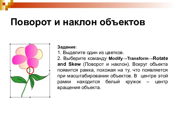 Поворот и наклон объектов Задание: 1. Выделите один из цветков. 2. Выберите команду