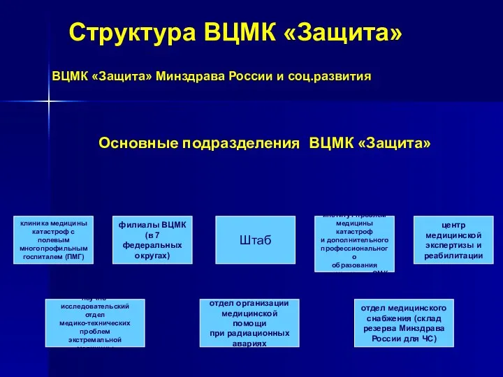 ВЦМК «Защита» Минздрава России и соц.развития Основные подразделения ВЦМК «Защита»