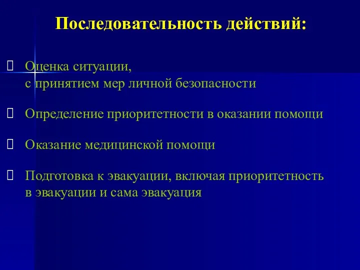 Последовательность действий: Оценка ситуации, с принятием мер личной безопасности Определение