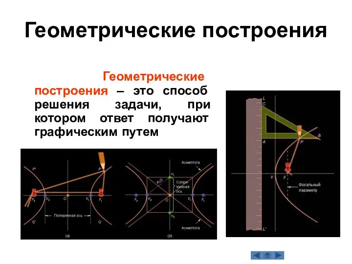 Геометрические построения Геометрические построения – это способ решения задачи, при котором ответ получают графическим путем