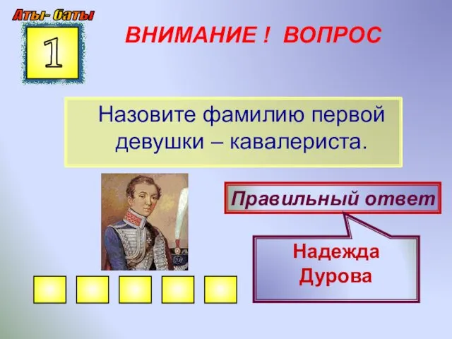 ВНИМАНИЕ ! ВОПРОС Назовите фамилию первой девушки – кавалериста. 1 Правильный ответ Надежда Дурова Аты- баты