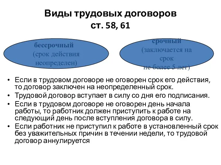 Виды трудовых договоров ст. 58, 61 Если в трудовом договоре