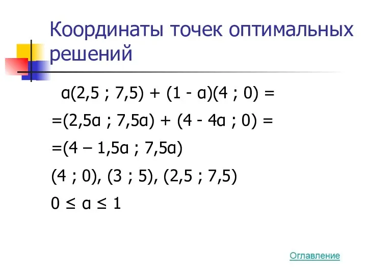 Координаты точек оптимальных решений α(2,5 ; 7,5) + (1 -