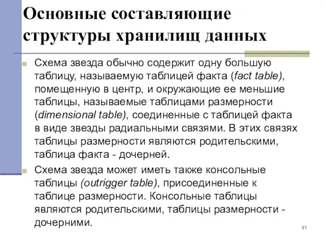 Основные составляющие структуры хранилищ данных Схема звезда обычно содержит одну