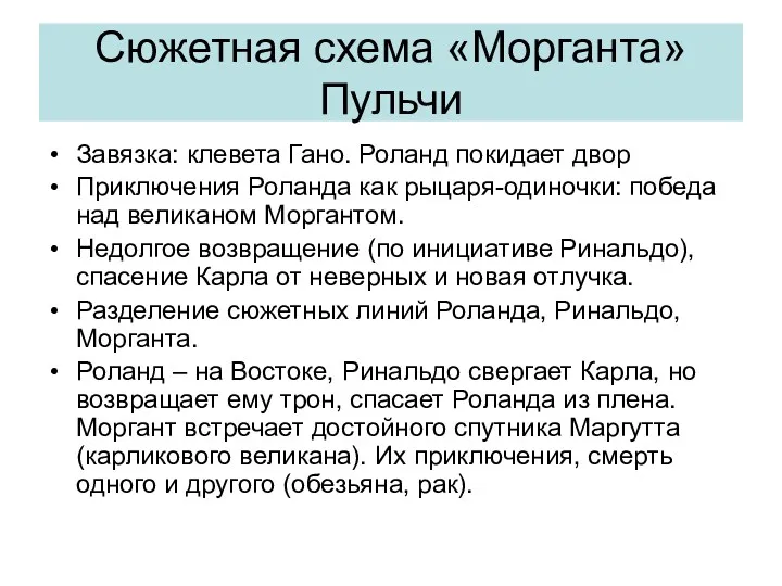 Сюжетная схема «Морганта» Пульчи Завязка: клевета Гано. Роланд покидает двор