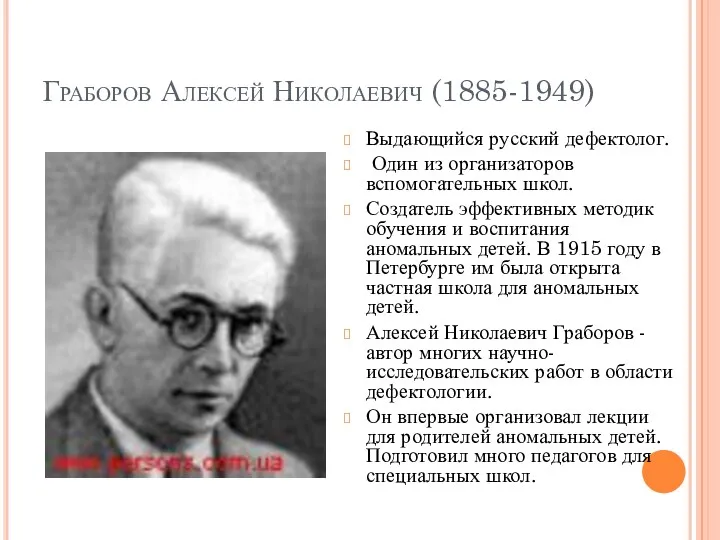 Граборов Алексей Николаевич (1885-1949) Выдающийся русский дефектолог. Один из организаторов