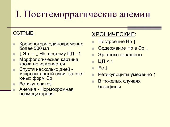 I. Постгеморрагические анемии ОСТРЫЕ: Кровопотеря единовременно более 500 мл ↓