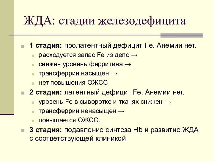 ЖДА: стадии железодефицита 1 стадия: пролатентный дефицит Fe. Анемии нет.