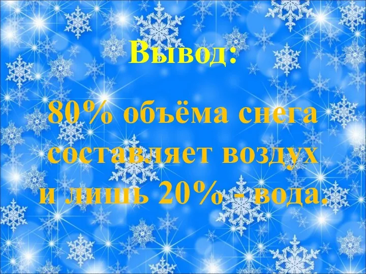 Вывод: 80% объёма снега составляет воздух и лишь 20% - вода.