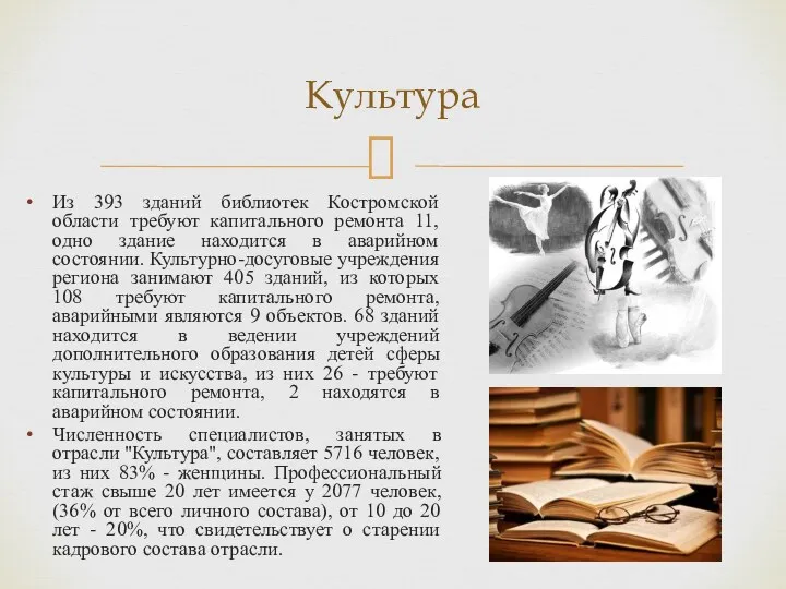 Из 393 зданий библиотек Костромской области требуют капитального ремонта 11, одно здание находится