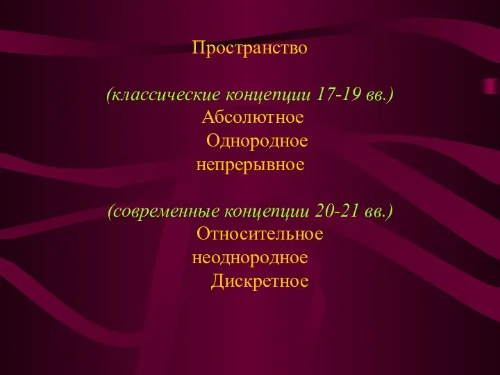 Пространство (классические концепции 17-19 вв.) Абсолютное Однородное непрерывное (современные концепции 20-21 вв.) Относительное неоднородное Дискретное