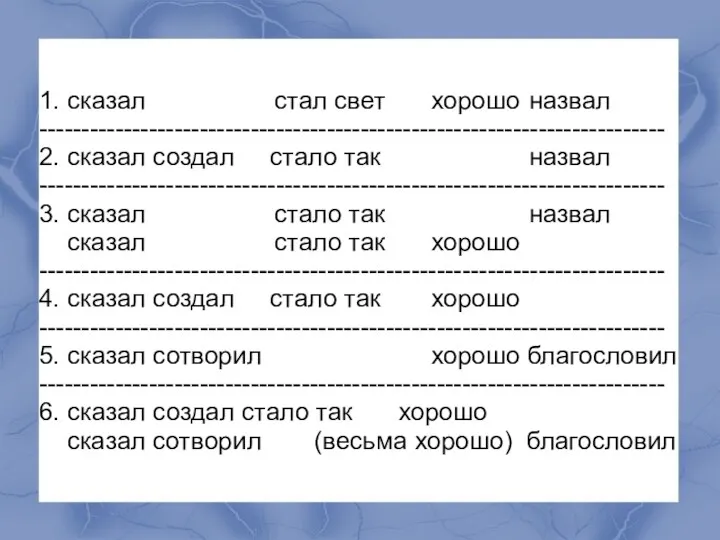 1. сказал стал свет хорошо назвал -------------------------------------------------------------------------- 2. сказал создал