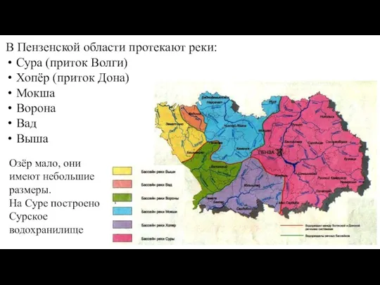 В Пензенской области протекают реки: Сура (приток Волги) Хопёр (приток