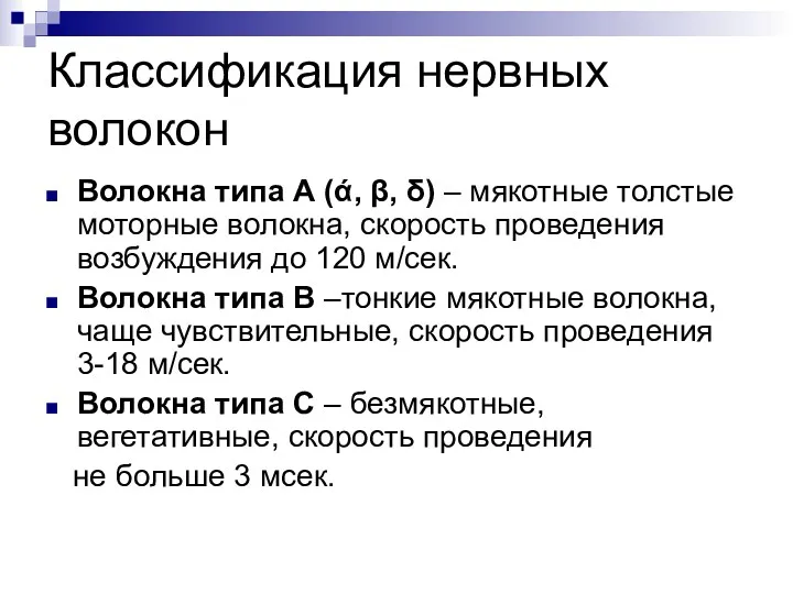 Классификация нервных волокон Волокна типа А (ά, β, δ) –