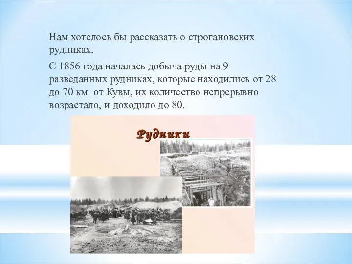 Нам хотелось бы рассказать о строгановских рудниках. С 1856 года