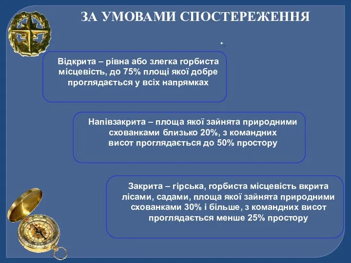 ЗА УМОВАМИ СПОСТЕРЕЖЕННЯ Відкрита – рівна або злегка горбиста місцевість,