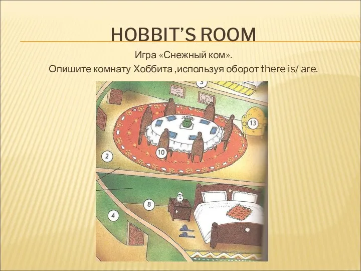 HOBBIT’S ROOM Игра «Снежный ком». Опишите комнату Хоббита ,используя оборот there is/ are.