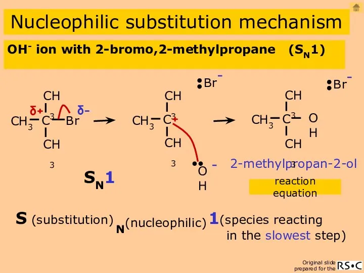 OH- ion with 2-bromo,2-methylpropane (SN1) Nucleophilic substitution mechanism 2-methylpropan-2-ol reaction